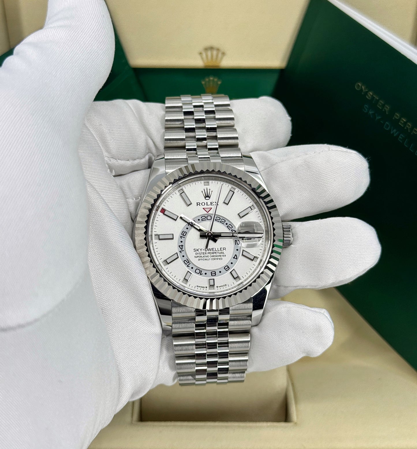 Rolex Sky-Dweller 42mm, 18k WG & Stainless Steel, White, Jubilee, Ref# 336934-0004, dated 2025