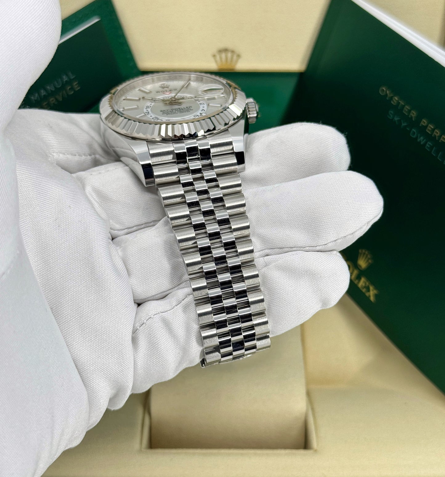 Rolex Sky-Dweller 42mm, 18k WG & Stainless Steel, White, Jubilee, Ref# 336934-0004, dated 2025