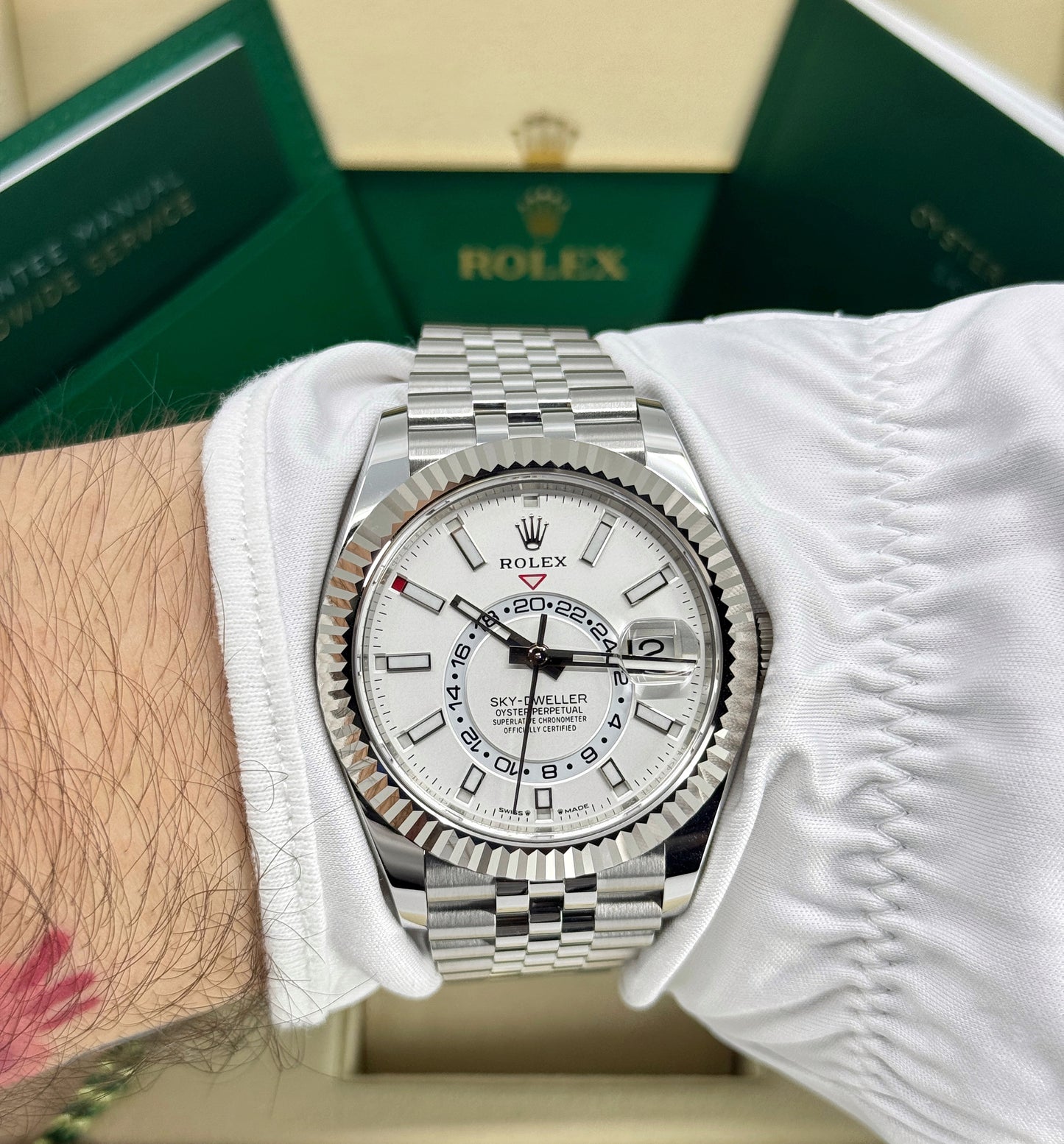 Rolex Sky-Dweller 42mm, 18k WG & Stainless Steel, White, Jubilee, Ref# 336934-0004, dated 2025