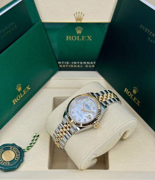 Rolex Lady-Datejust 28mm, 18k YG & Stainless Steel, Mother of Pearl Diamond, Jubilee, Ref# 279173-0013, dated 2025