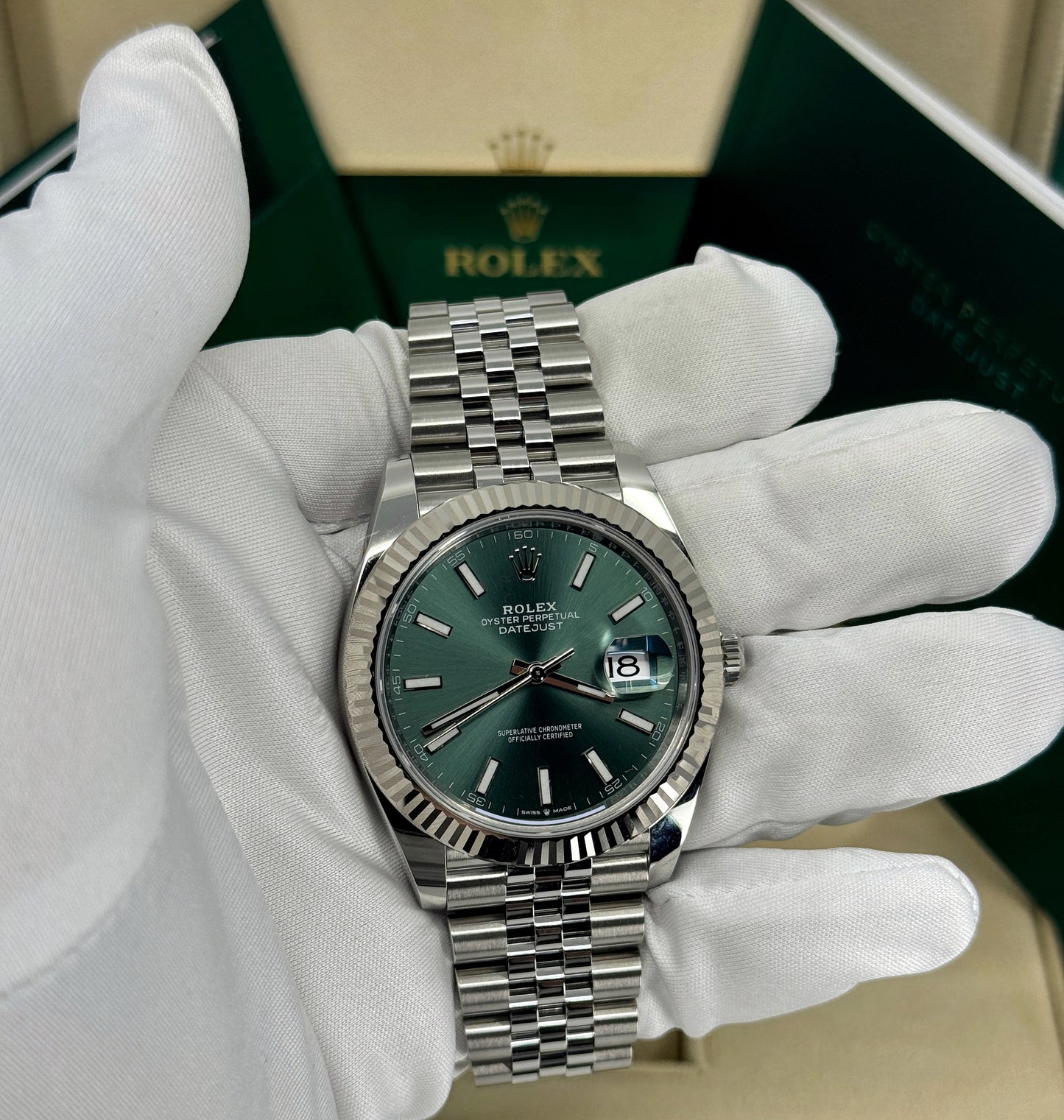 Rolex Datejust 41mm, Stainless Steel, Green, Jubilee, Ref# 126334-0028, dated 2025