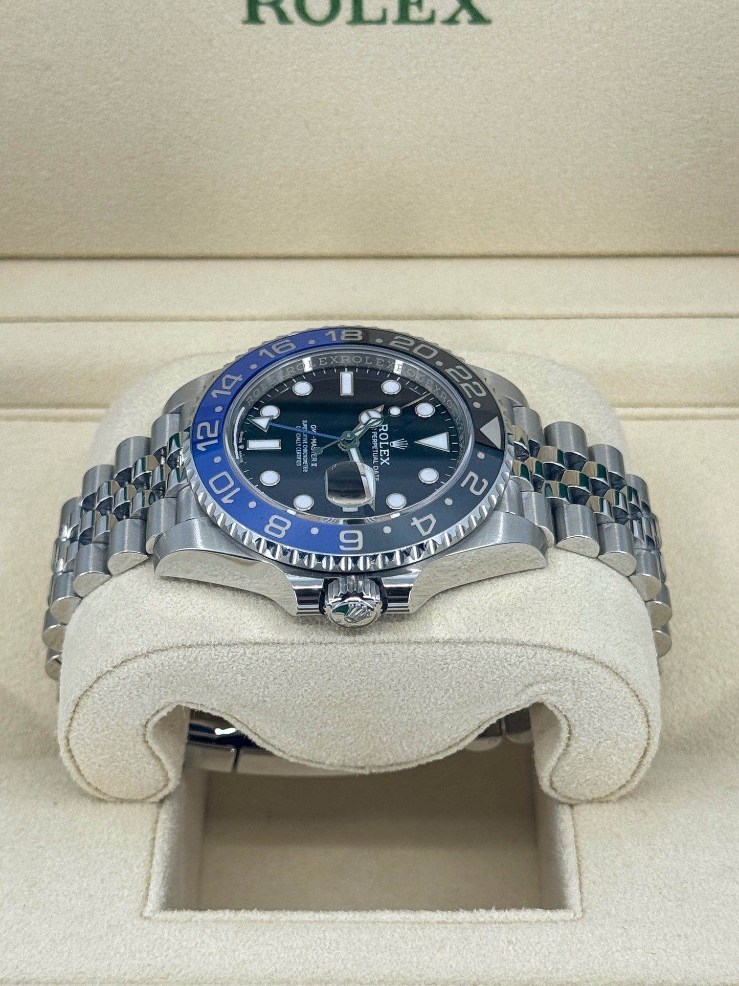 Pre-owned Rolex GMT-Master II 40mm, Stainless Steel, Batman, Jubilee, Ref# 126710BLNR-0002, dated 2024