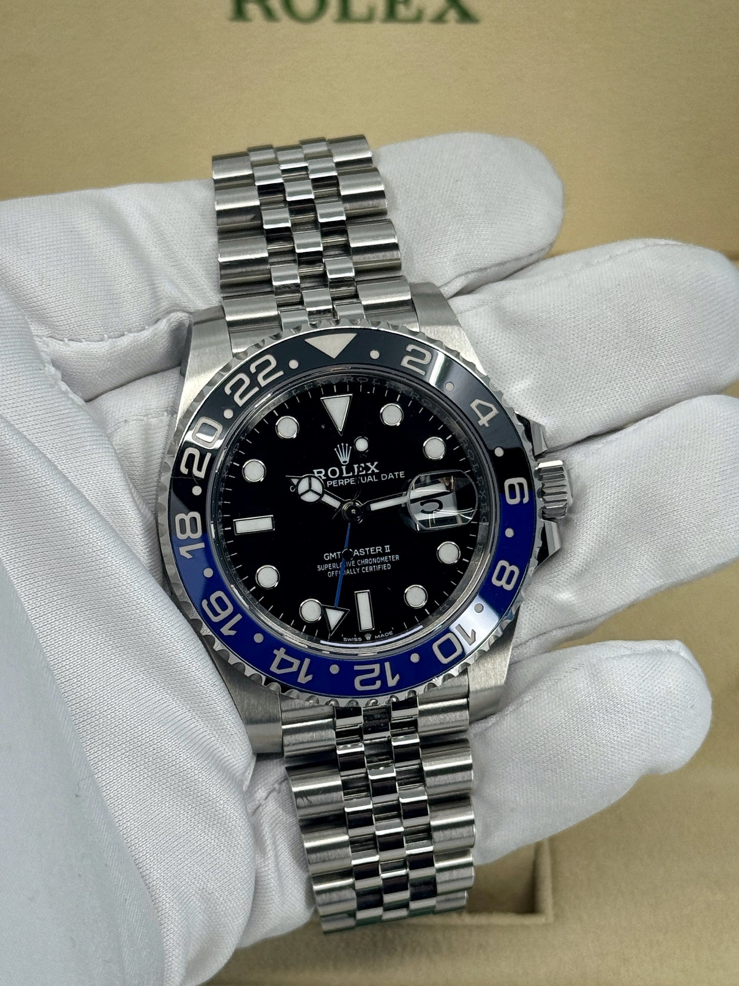 Pre-owned Rolex GMT-Master II 40mm, Stainless Steel, Batman, Jubilee, Ref# 126710BLNR-0002, dated 2024