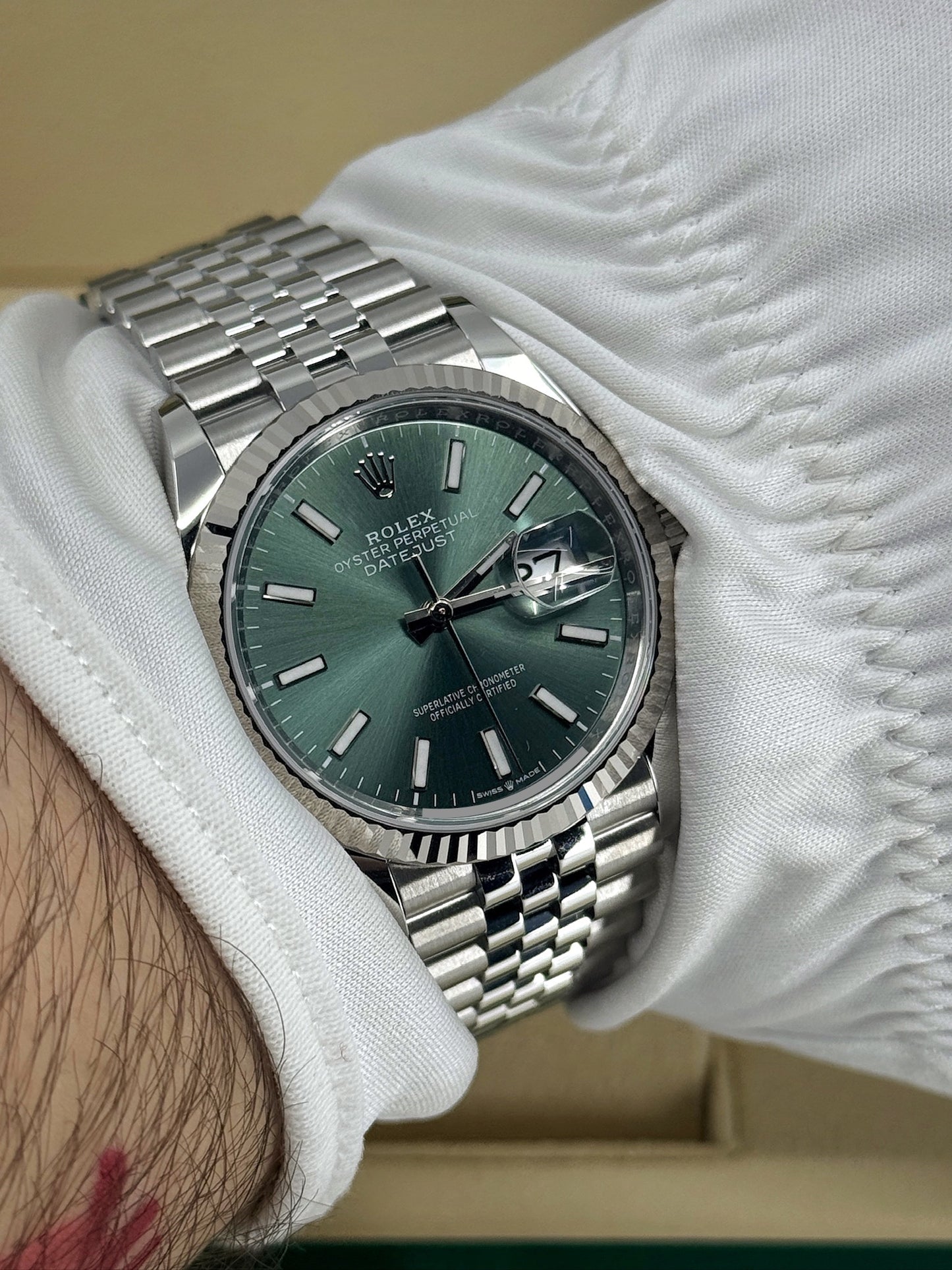 Pre-owned Rolex Datejust 36mm, Stainless Steel, Green, Jubilee, Ref# 126234-0051, dated 2024