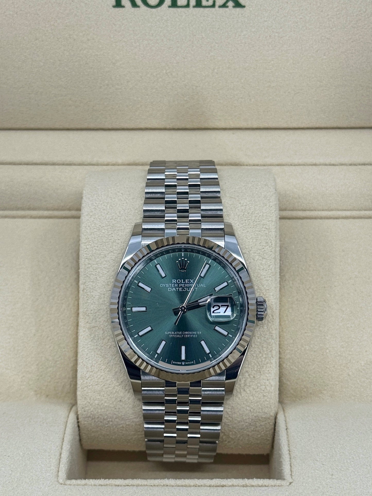 Pre-owned Rolex Datejust 36mm, Stainless Steel, Green, Jubilee, Ref# 126234-0051, dated 2024