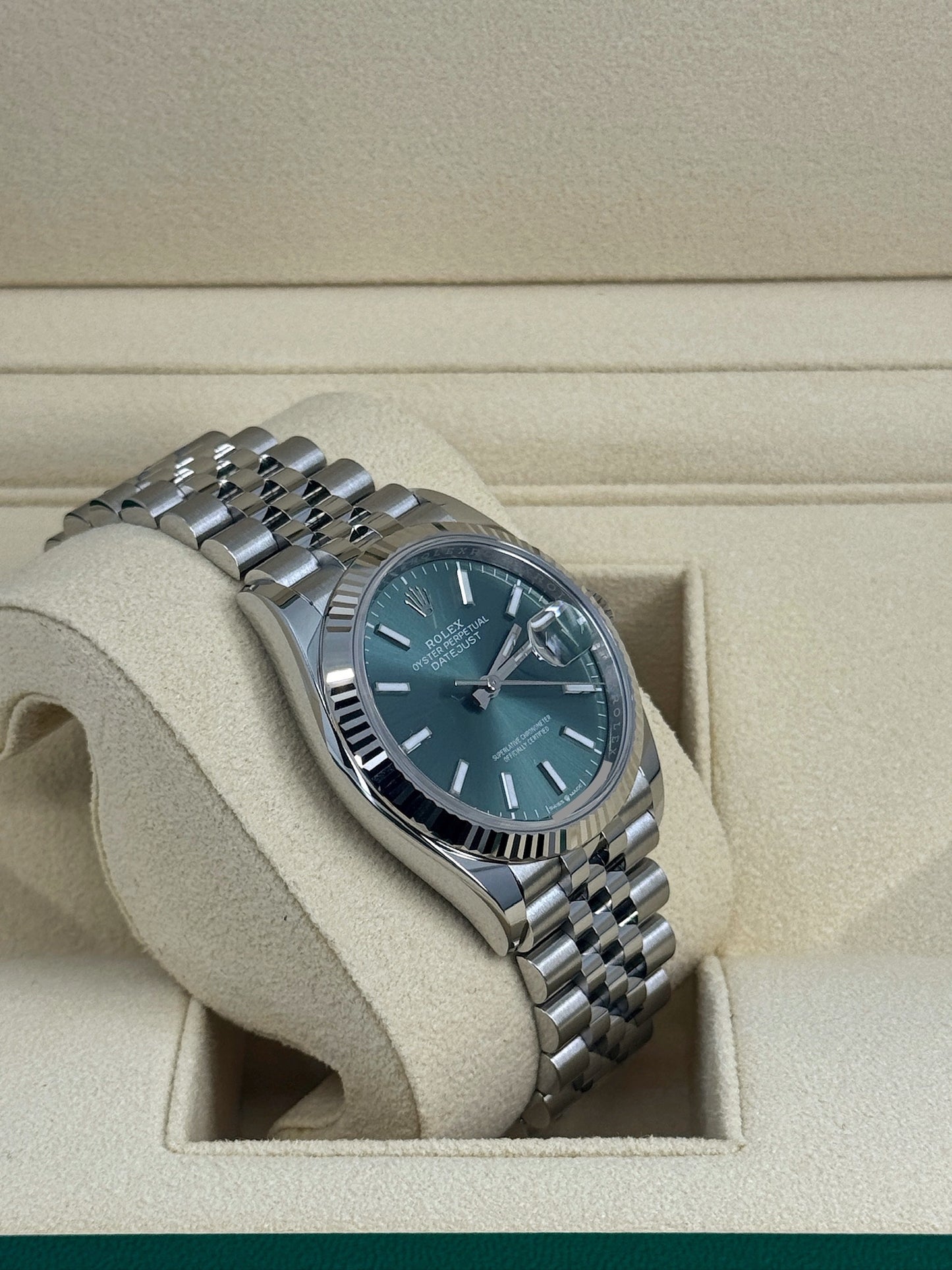 Pre-owned Rolex Datejust 36mm, Stainless Steel, Green, Jubilee, Ref# 126234-0051, dated 2024