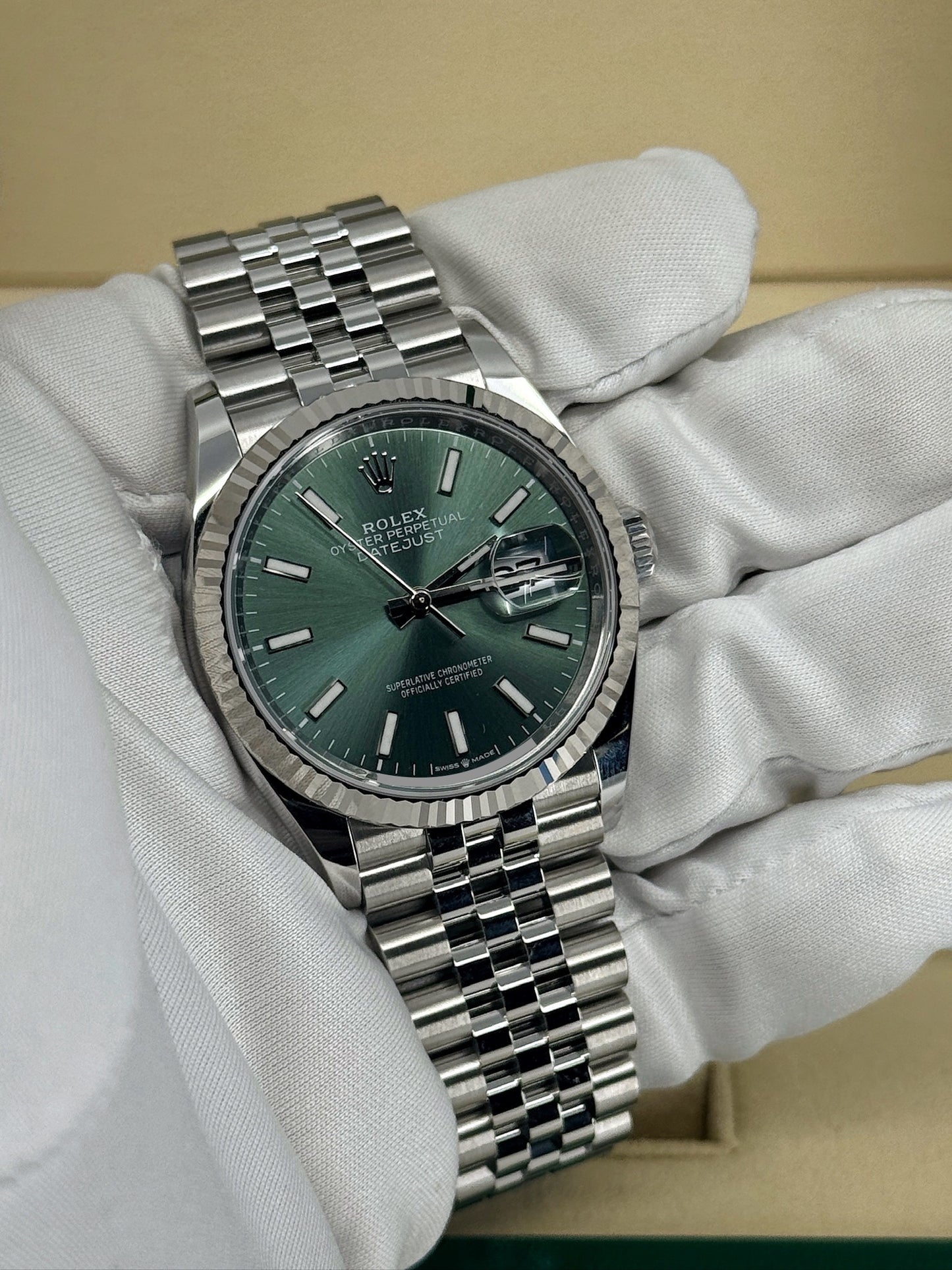 Pre-owned Rolex Datejust 36mm, Stainless Steel, Green, Jubilee, Ref# 126234-0051, dated 2024
