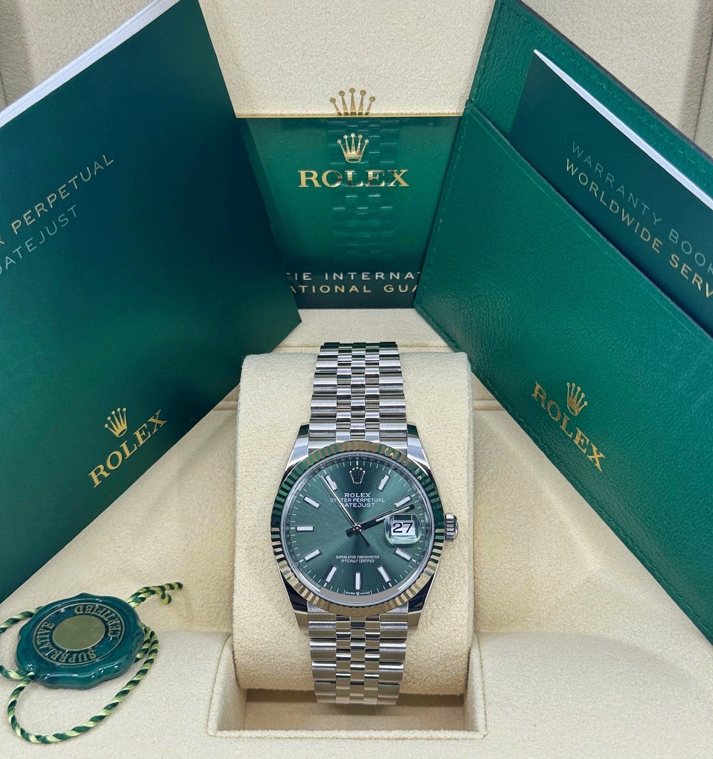 Pre-owned Rolex Datejust 36mm, Stainless Steel, Green, Jubilee, Ref# 126234-0051, dated 2024