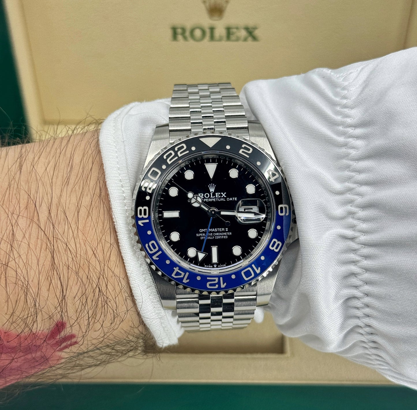 Pre-owned Rolex GMT-Master II 40mm, Stainless Steel, Batman, Jubilee, Ref# 126710BLNR-0002, dated 2023