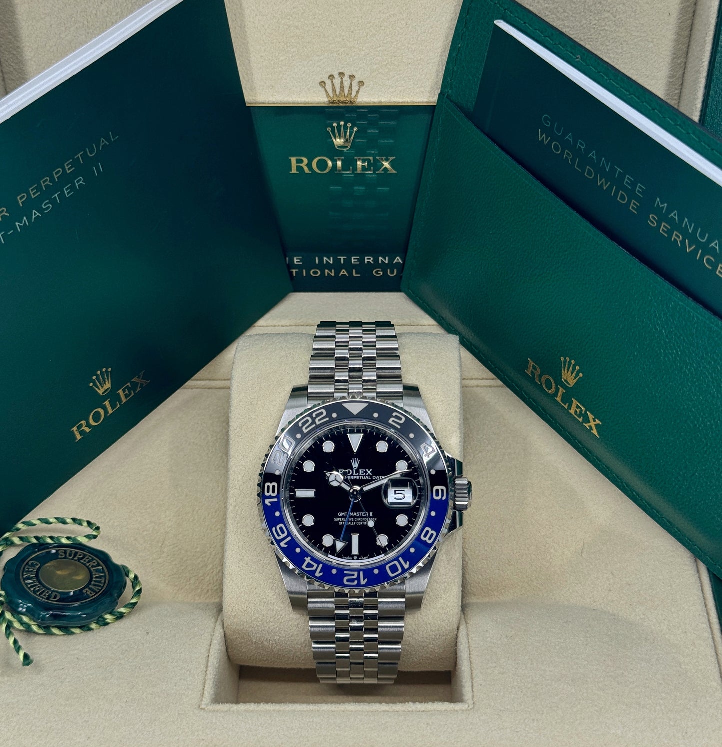 Pre-owned Rolex GMT-Master II 40mm, Stainless Steel, Batman, Jubilee, Ref# 126710BLNR-0002, dated 2023