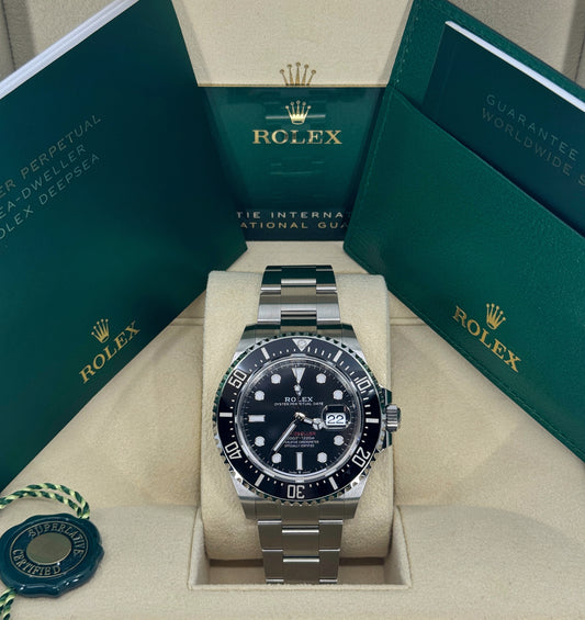 Pre-owned Rolex Sea-Dweller 43mm, Stainless Steel, Red Letters, Black, Ref# 126600, dated 2023