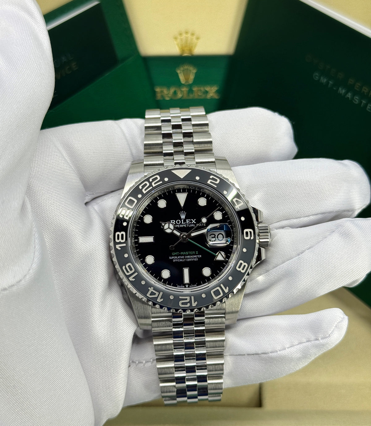 Rolex GMT-Master II 40mm, Stainless Steel, Bruce Wayne, Jubilee, Ref# 126710GRNR-0003, dated 2026