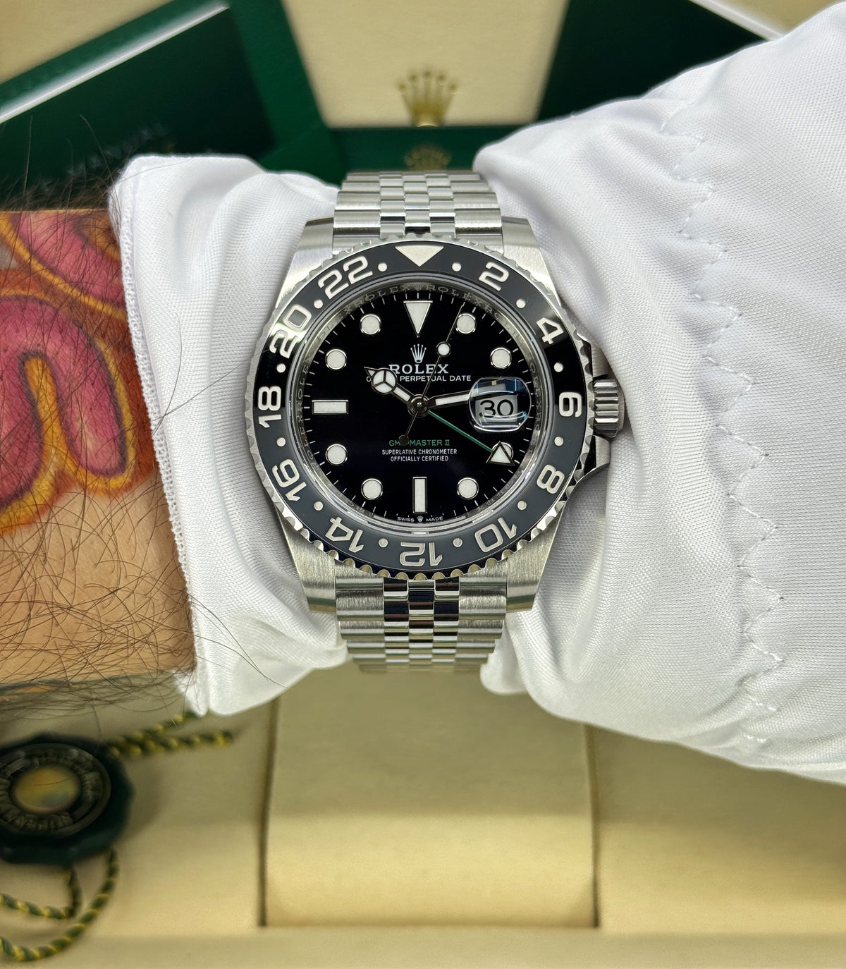 Rolex GMT-Master II 40mm, Stainless Steel, Bruce Wayne, Jubilee, Ref# 126710GRNR-0003, dated 2026