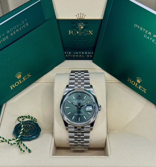 Rolex Datejust 36mm, Stainless Steel, Green, Jubilee, Ref# 126200-0023, dated 2025