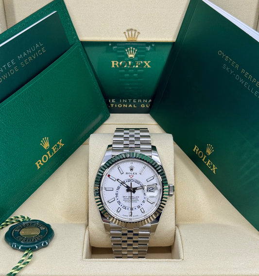 Rolex Sky-Dweller 42mm, 18k WG & Stainless Steel, White, Jubilee, Ref# 336934-0004, dated 2025