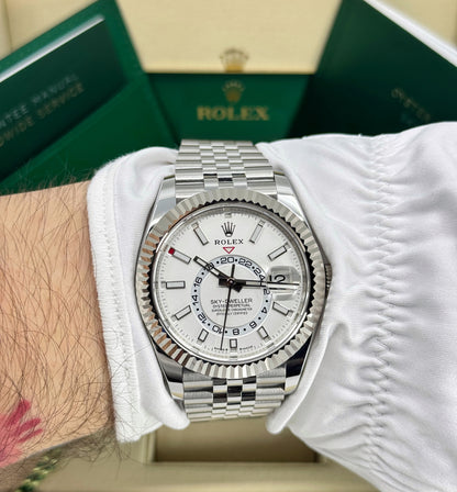 Rolex Sky-Dweller 42mm, 18k WG & Stainless Steel, White, Jubilee, Ref# 336934-0004, dated 2025