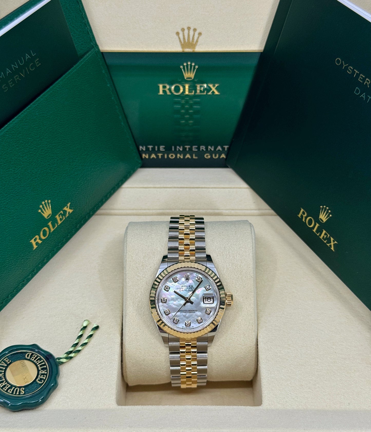 Rolex Lady-Datejust 28mm, 18k YG & Stainless Steel, Mother of Pearl Diamond, Jubilee, Ref# 279173-0013, dated 2025