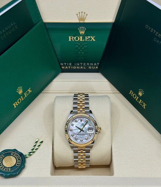 Rolex Lady-Datejust 28mm, 18k YG & Stainless Steel, Mother of Pearl Diamond, Jubilee, Ref# 279173-0013, dated 2025