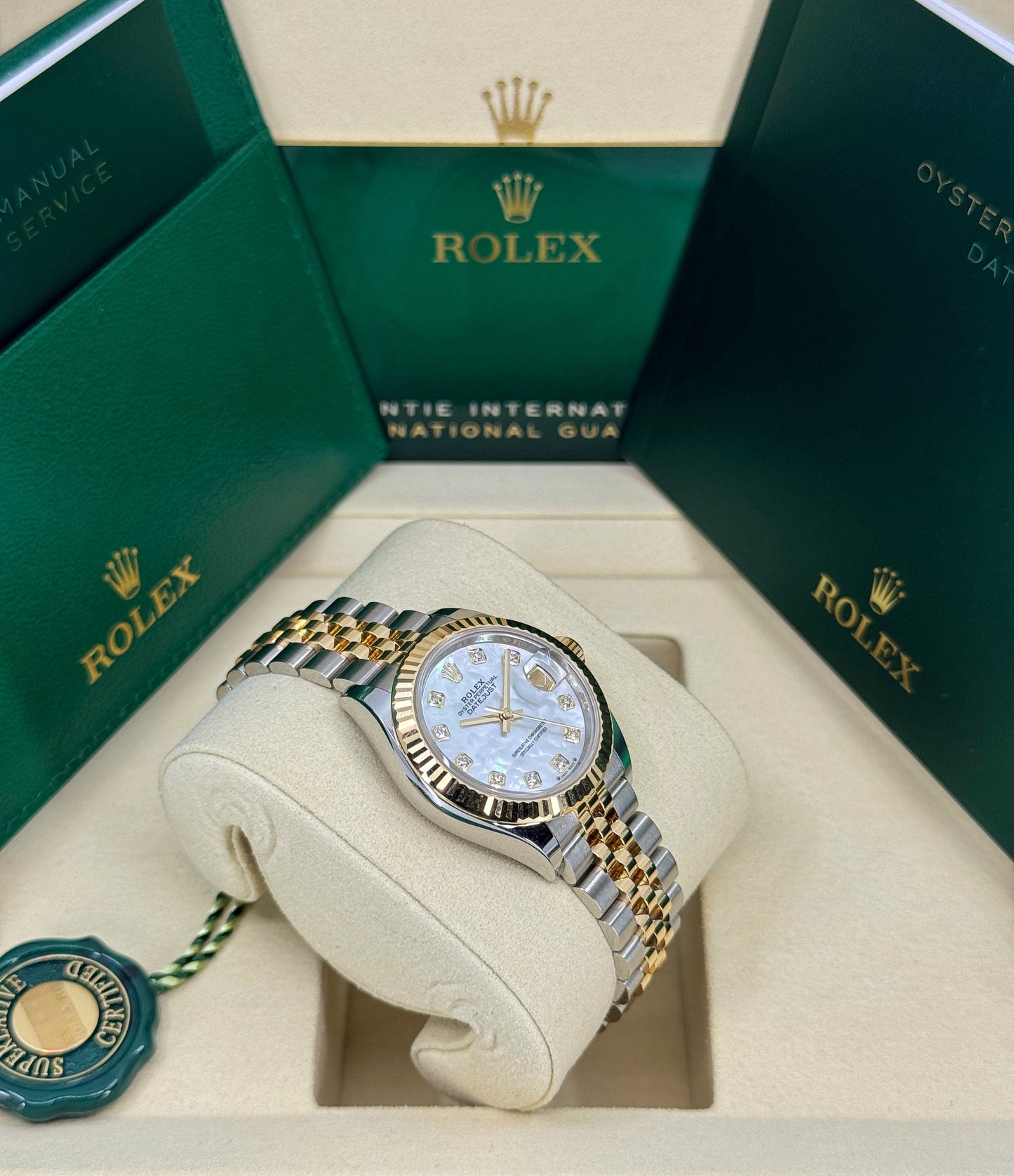 Rolex Lady-Datejust 28mm, 18k YG & Stainless Steel, Mother of Pearl Diamond, Jubilee, Ref# 279173-0013, dated 2025
