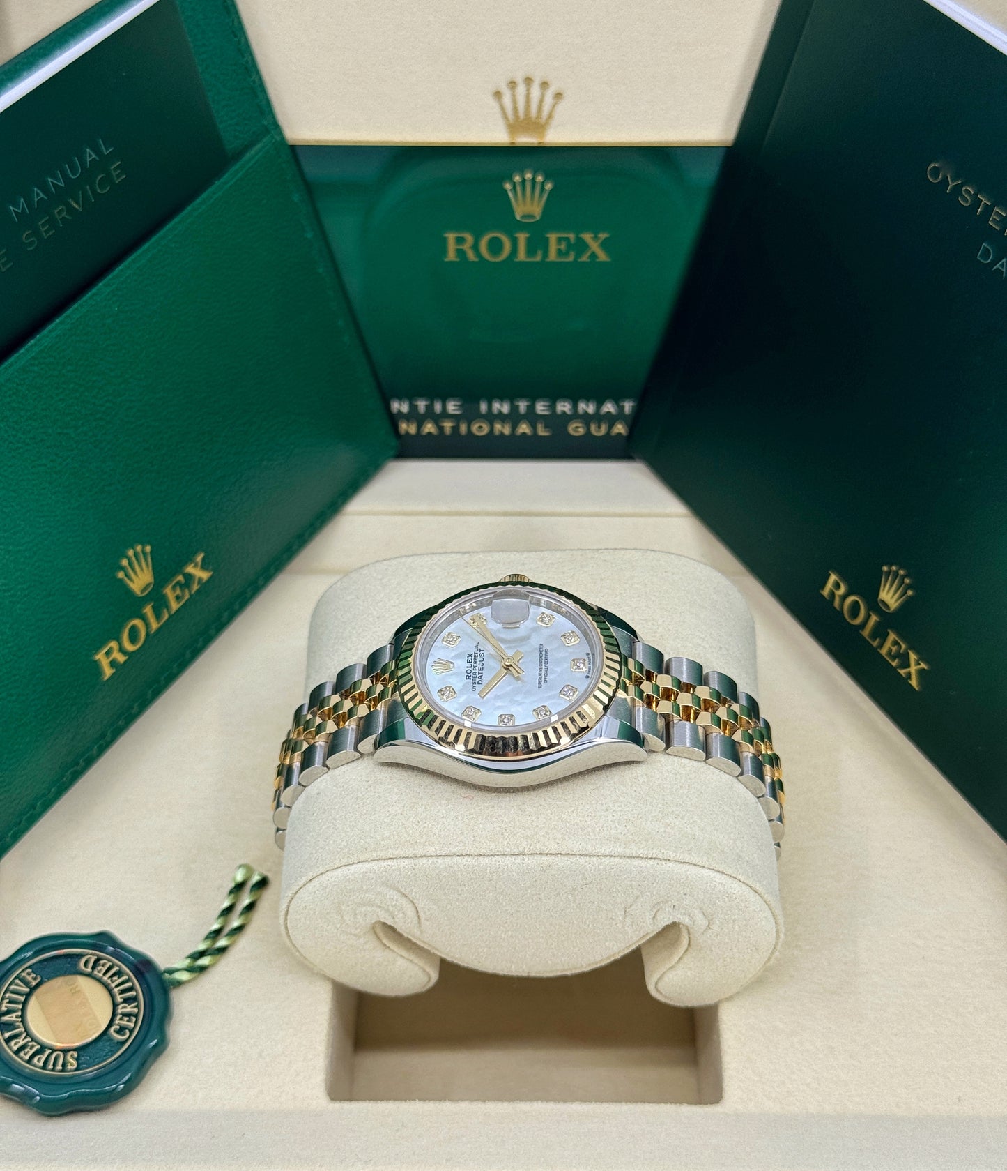 Rolex Lady-Datejust 28mm, 18k YG & Stainless Steel, Mother of Pearl Diamond, Jubilee, Ref# 279173-0013, dated 2025