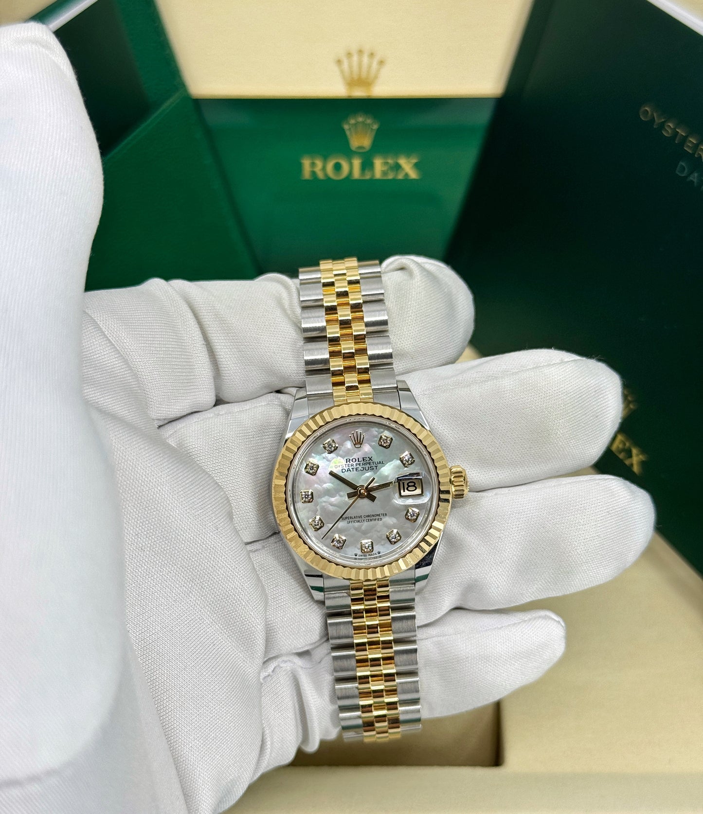 Rolex Lady-Datejust 28mm, 18k YG & Stainless Steel, Mother of Pearl Diamond, Jubilee, Ref# 279173-0013, dated 2025