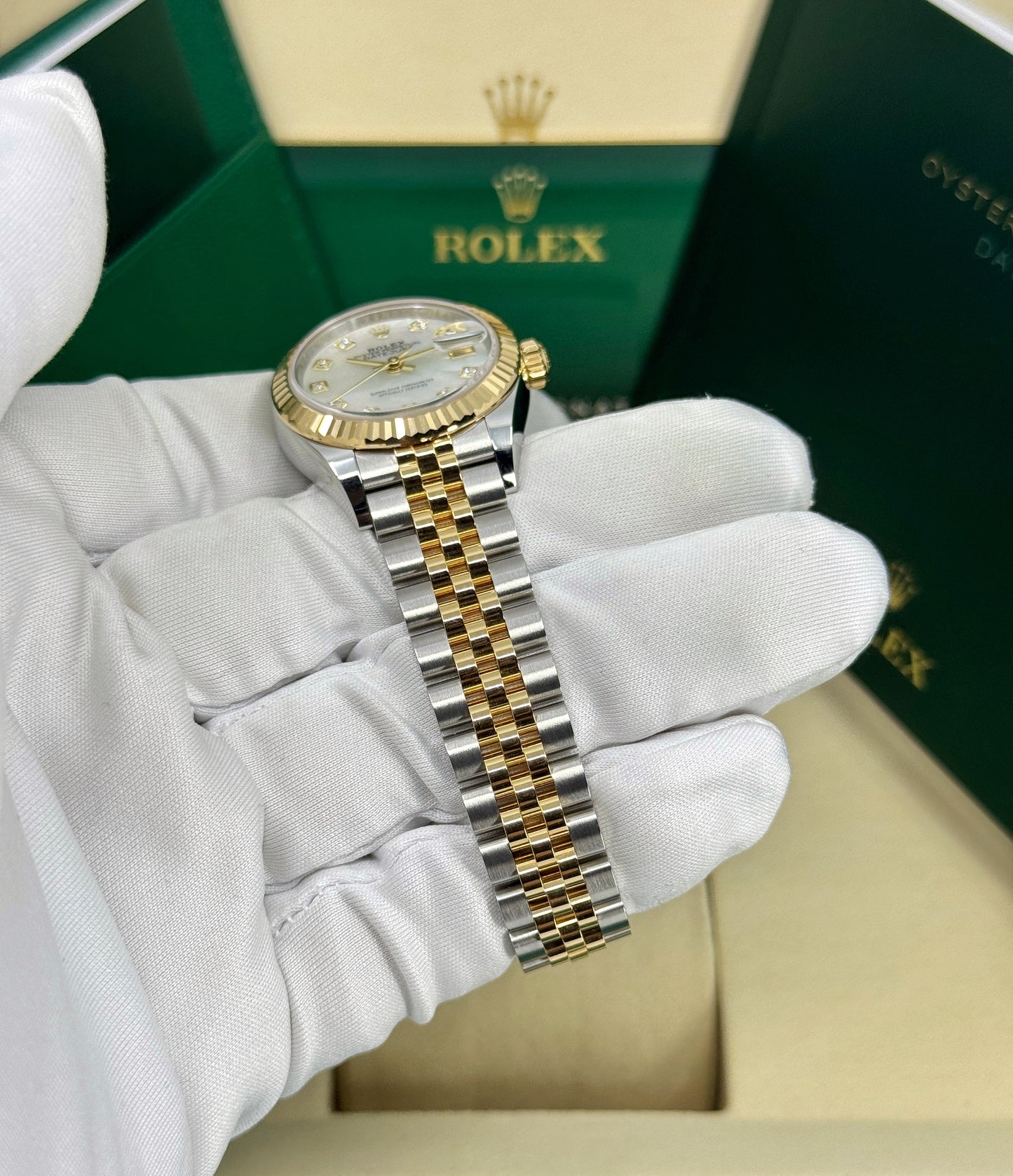 Rolex Lady-Datejust 28mm, 18k YG & Stainless Steel, Mother of Pearl Diamond, Jubilee, Ref# 279173-0013, dated 2025