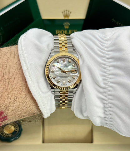 Rolex Lady-Datejust 28mm, 18k YG & Stainless Steel, Mother of Pearl Diamond, Jubilee, Ref# 279173-0013, dated 2025