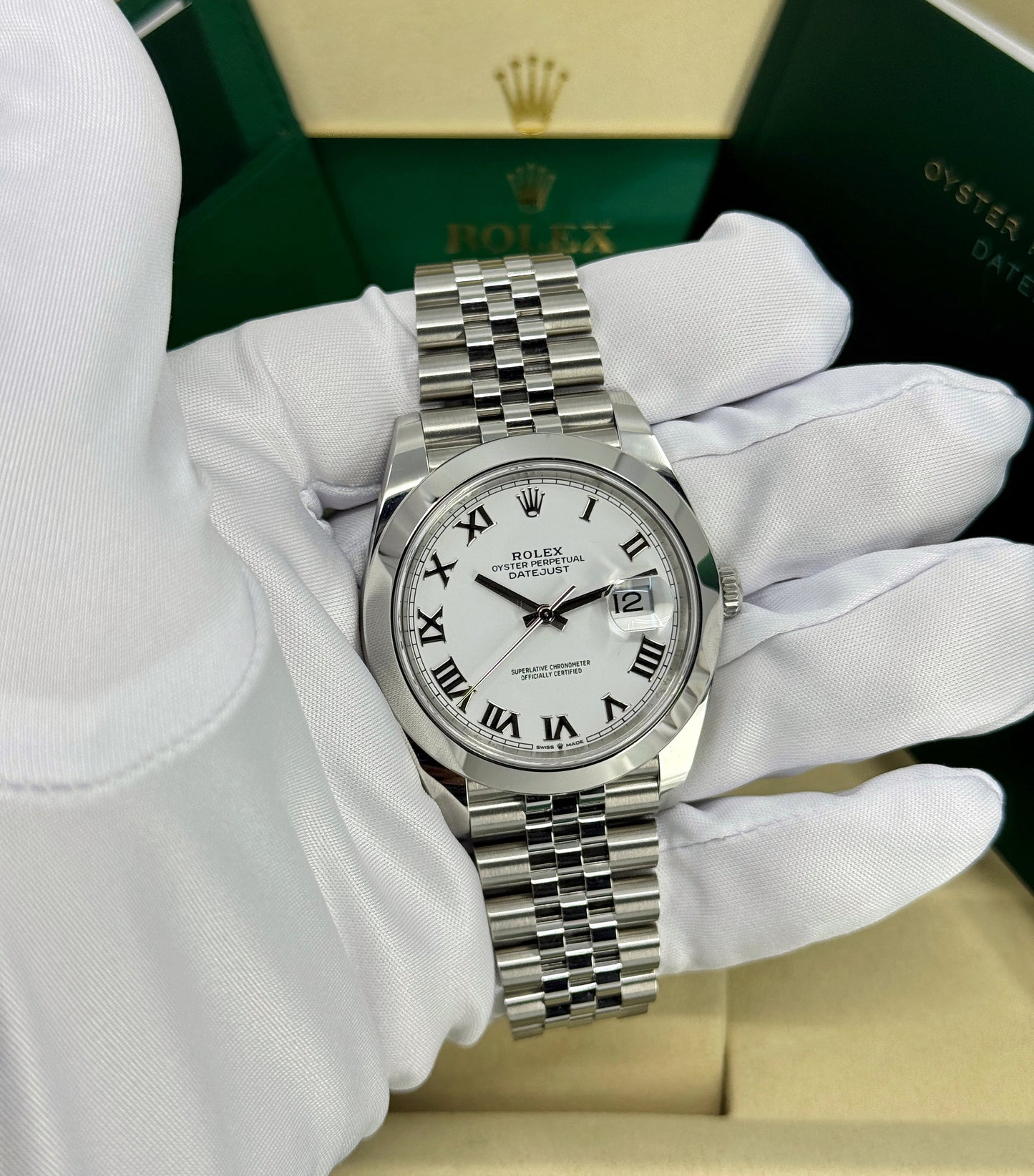 Rolex Datejust 41mm, Stainless Steel, White Roman, Jubilee, Ref# 126300-0016, dated 2025