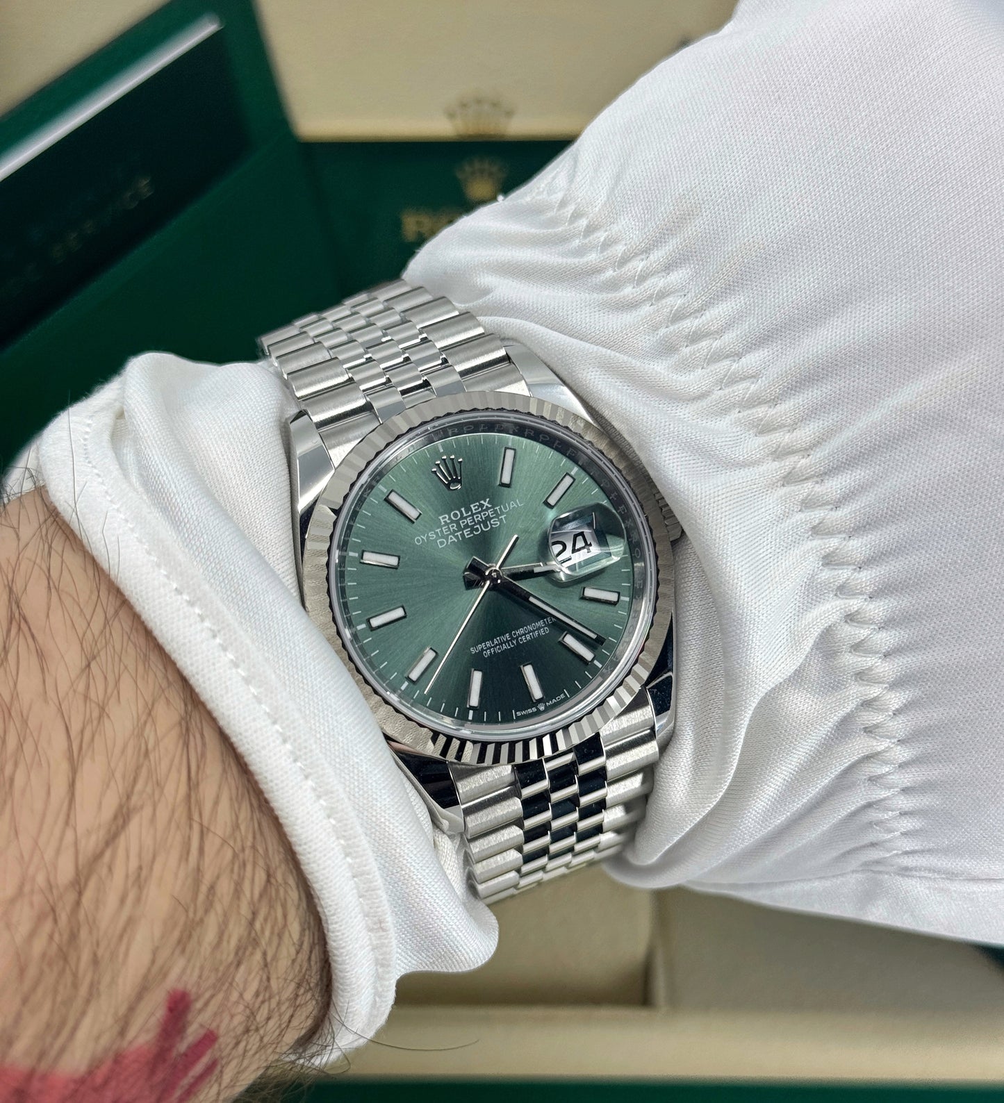 Rolex Datejust 36mm, Stainless Steel, Green, Jubilee, Ref# 126234-0051, dated 2024