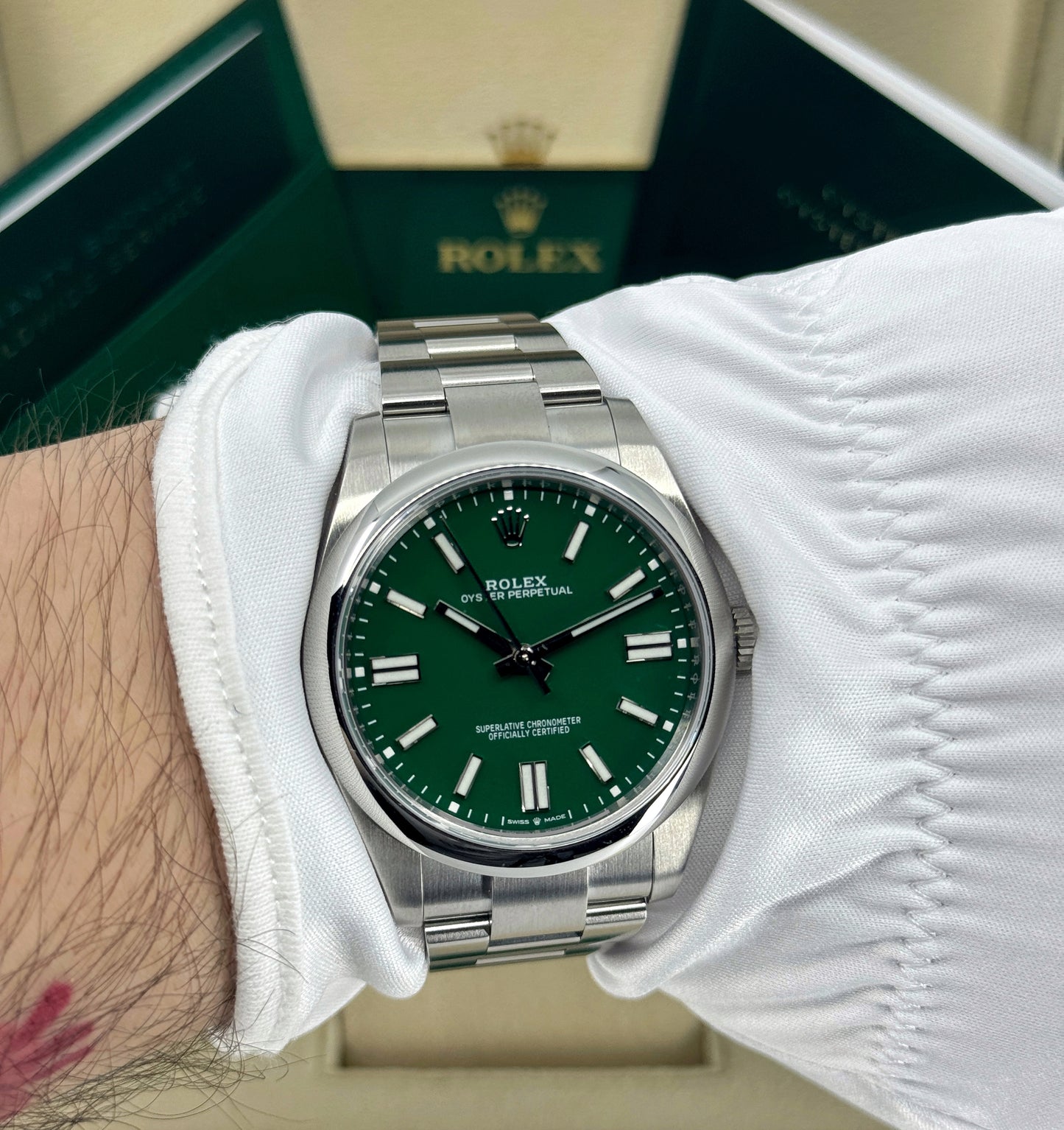 Rolex Oyster Perpetual 41mm, Stainless Steel, Green, Ref# 124300-0005, dated 2024