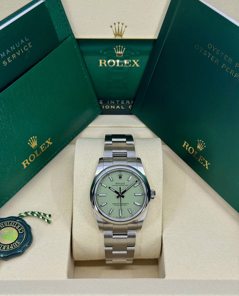 Rolex Oyster Perpetual 34mm stainless steel pistachio dial, Ref. 124200-0006