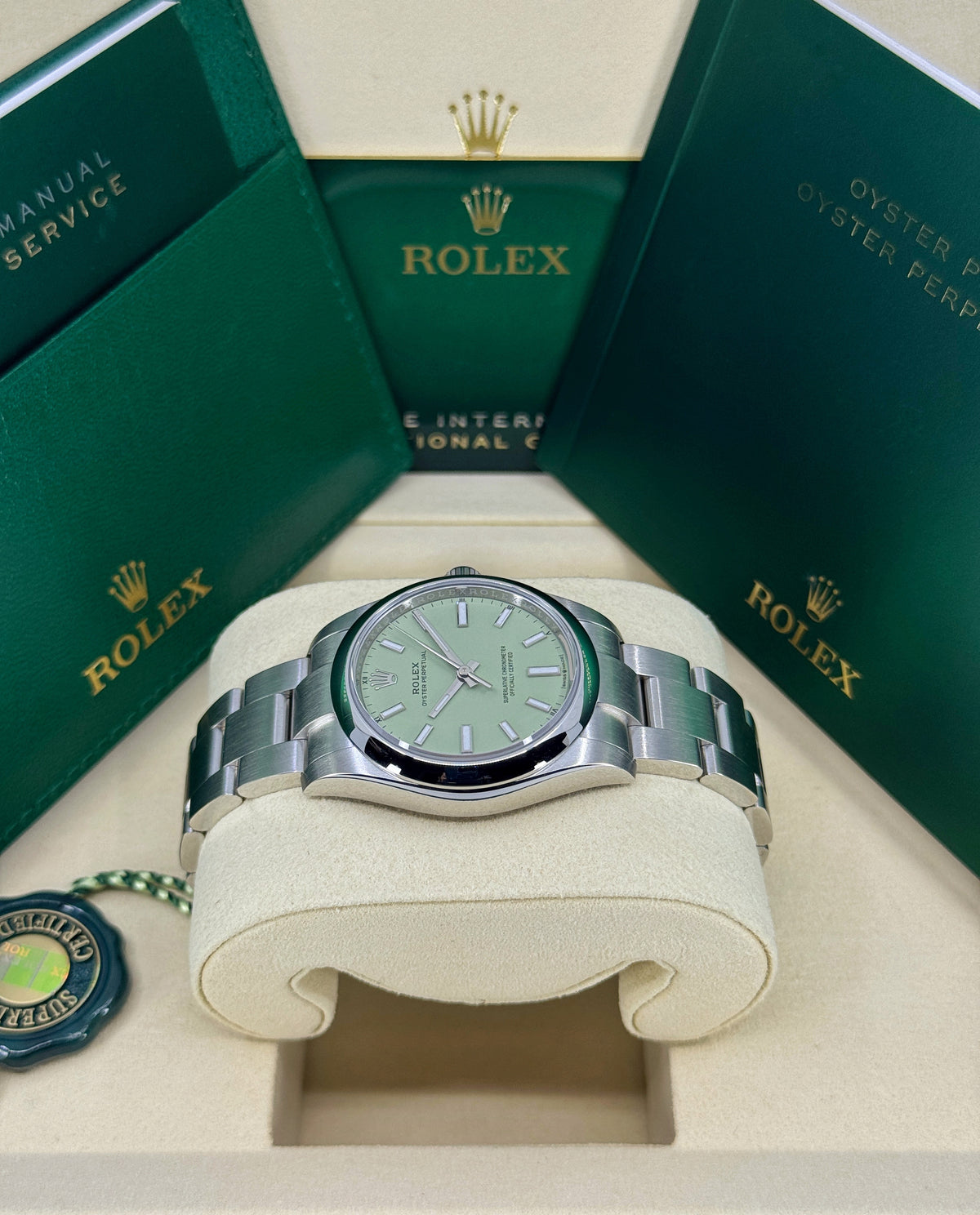 Rolex Oyster Perpetual 34mm, Stainless Steel, Pistachio, Ref# 124200-0006, dated 2026