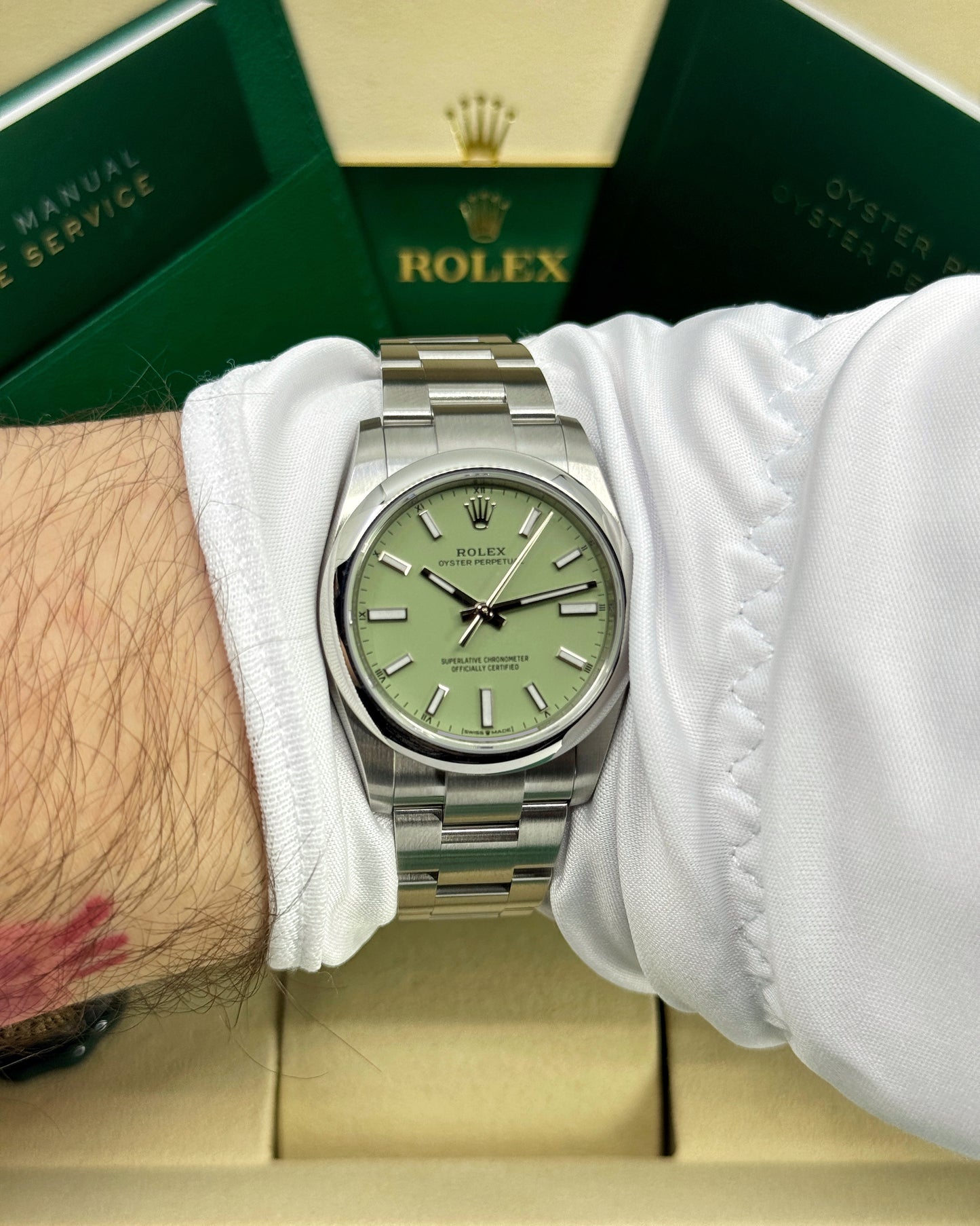 Rolex Oyster Perpetual 34mm, Stainless Steel, Pistachio, Ref# 124200-0006, dated 2026