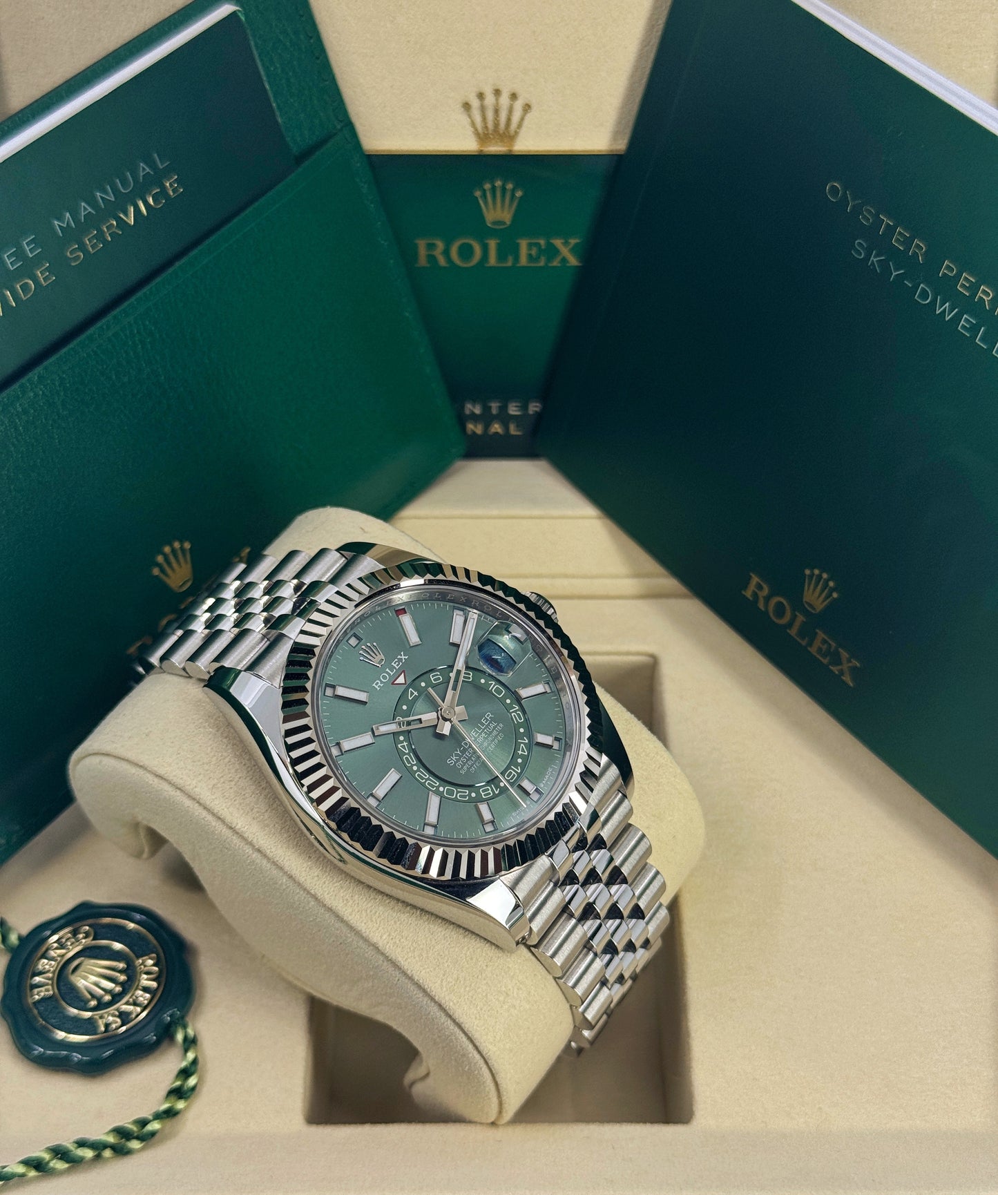 Rolex Sky-Dweller 42mm, 18k WG & Stainless Steel, Green, Jubilee, Ref# 336934-0002, dated 2026