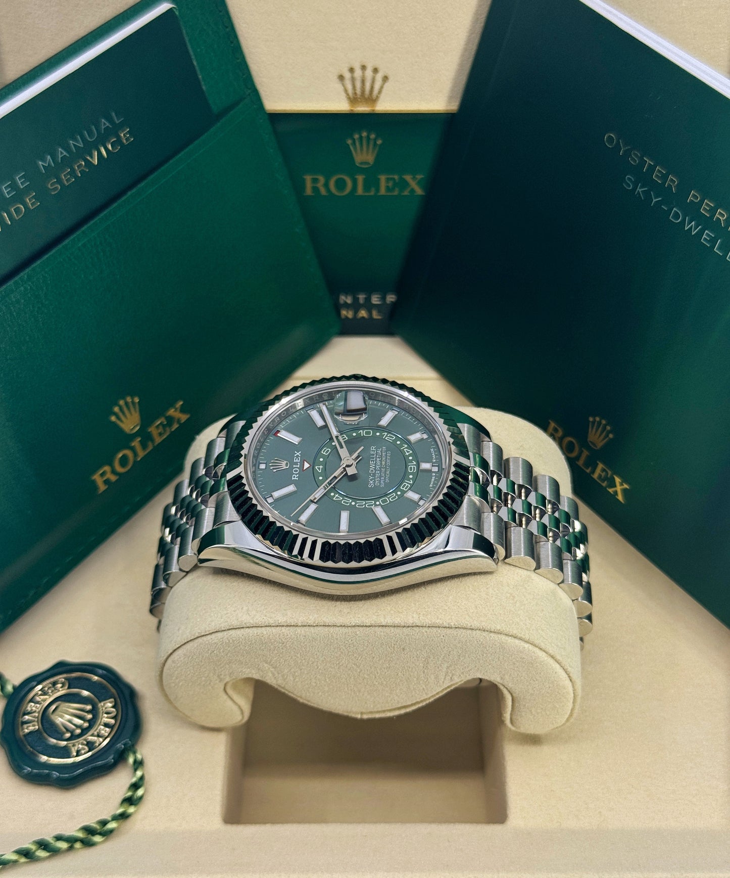 Rolex Sky-Dweller 42mm, 18k WG & Stainless Steel, Green, Jubilee, Ref# 336934-0002, dated 2026