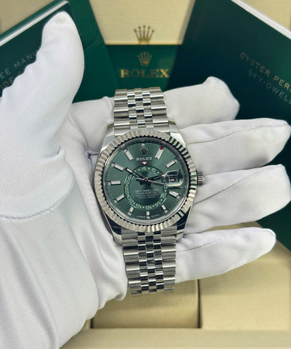Rolex Sky-Dweller 42mm, 18k WG & Stainless Steel, Green, Jubilee, Ref# 336934-0002, dated 2026