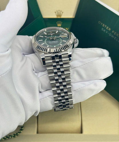 Rolex Sky-Dweller 42mm, 18k WG & Stainless Steel, Green, Jubilee, Ref# 336934-0002, dated 2026