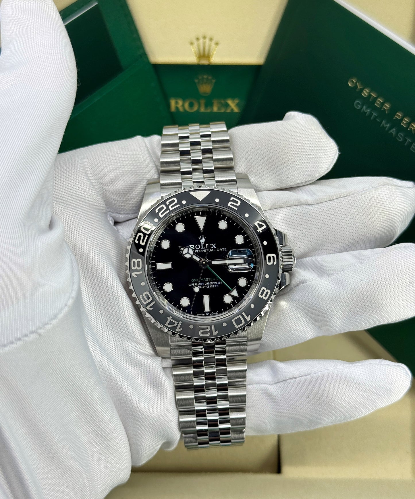 Rolex GMT-Master II 40mm, Stainless Steel, Bruce Wayne, Jubilee, Ref# 126710GRNR-0003, dated 2026