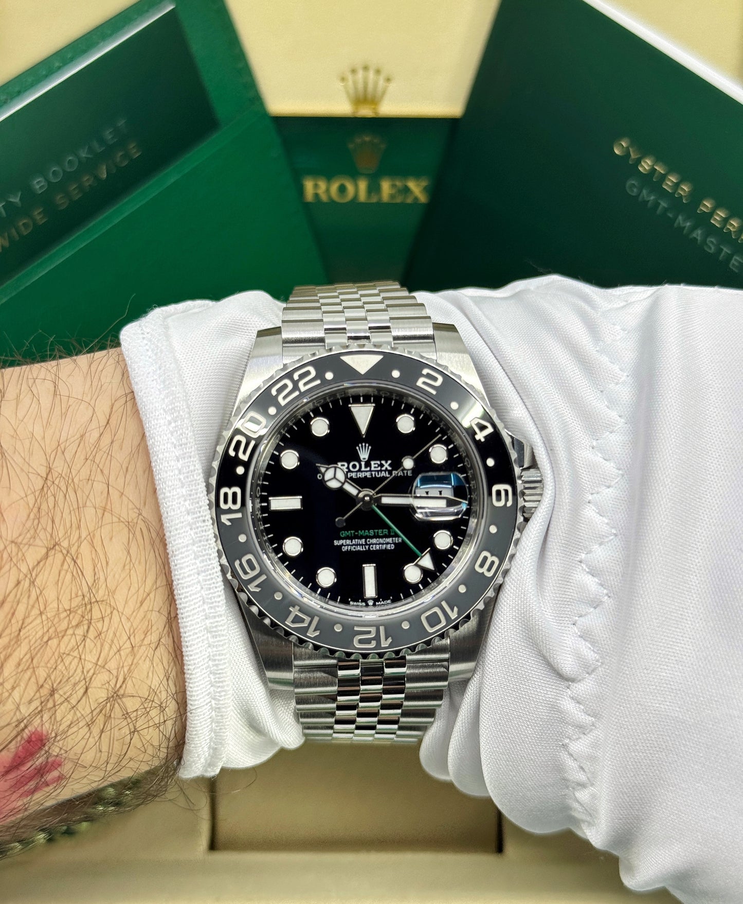 Rolex GMT-Master II 40mm, Stainless Steel, Bruce Wayne, Jubilee, Ref# 126710GRNR-0003, dated 2026