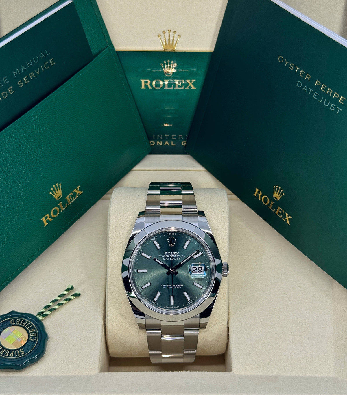 Rolex Datejust 41mm, Stainless Steel, Green, Oyster, Ref# 126300-0019, dated 2026