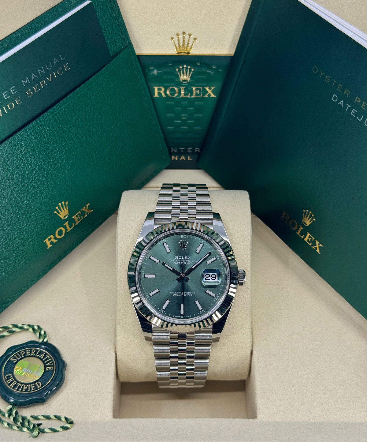 Rolex Datejust 41mm, Stainless Steel, Green, Jubilee, Ref# 126334-0028, dated 2026