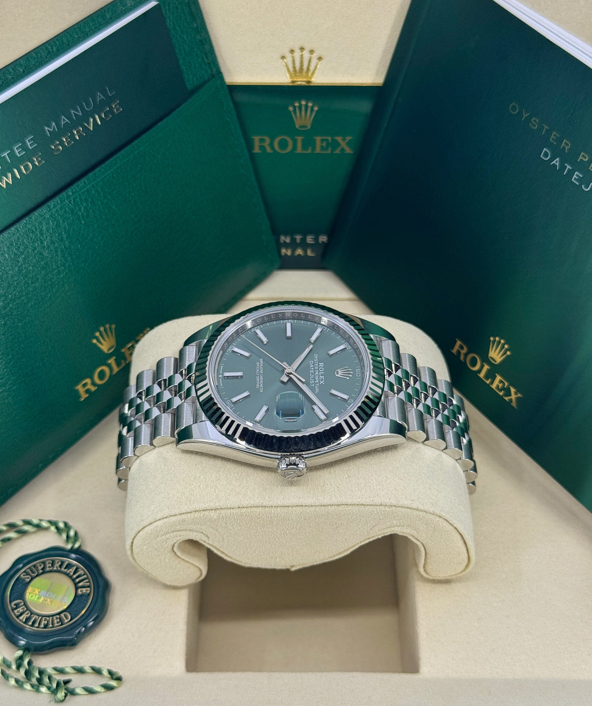 Rolex Datejust 41mm, Stainless Steel, Green, Jubilee, Ref# 126334-0028, dated 2026