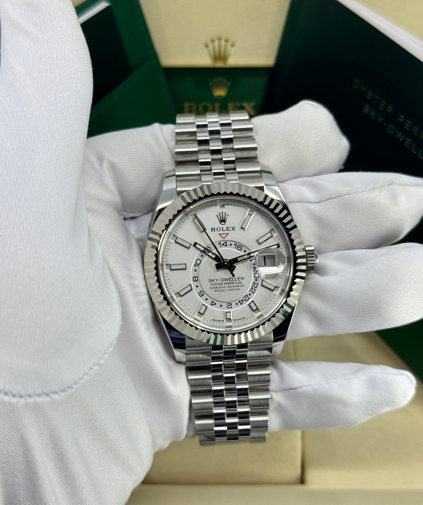 Rolex Sky-Dweller 42mm, 18k WG & Stainless Steel, White, Jubilee, Ref# 336934-0004, dated 2026