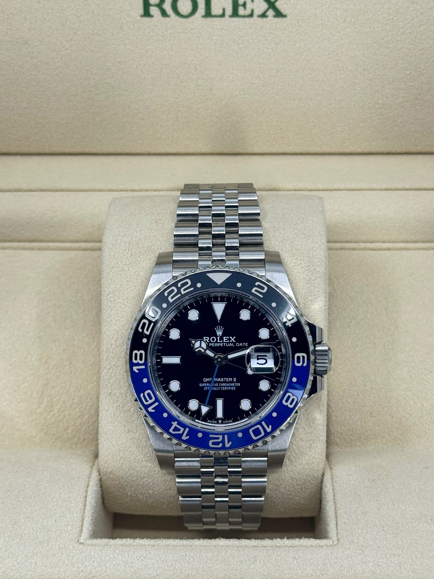 Pre-owned Rolex GMT-Master II 40mm, Stainless Steel, Batman, Jubilee, Ref# 126710BLNR-0002, dated 2023