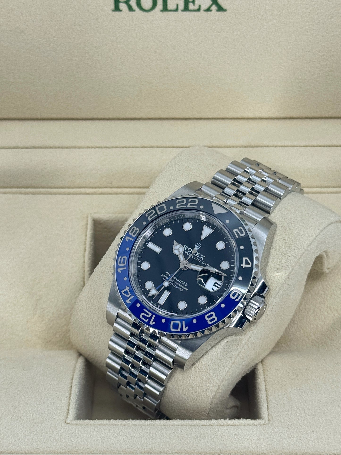 Pre-owned Rolex GMT-Master II 40mm, Stainless Steel, Batman, Jubilee, Ref# 126710BLNR-0002, dated 2023