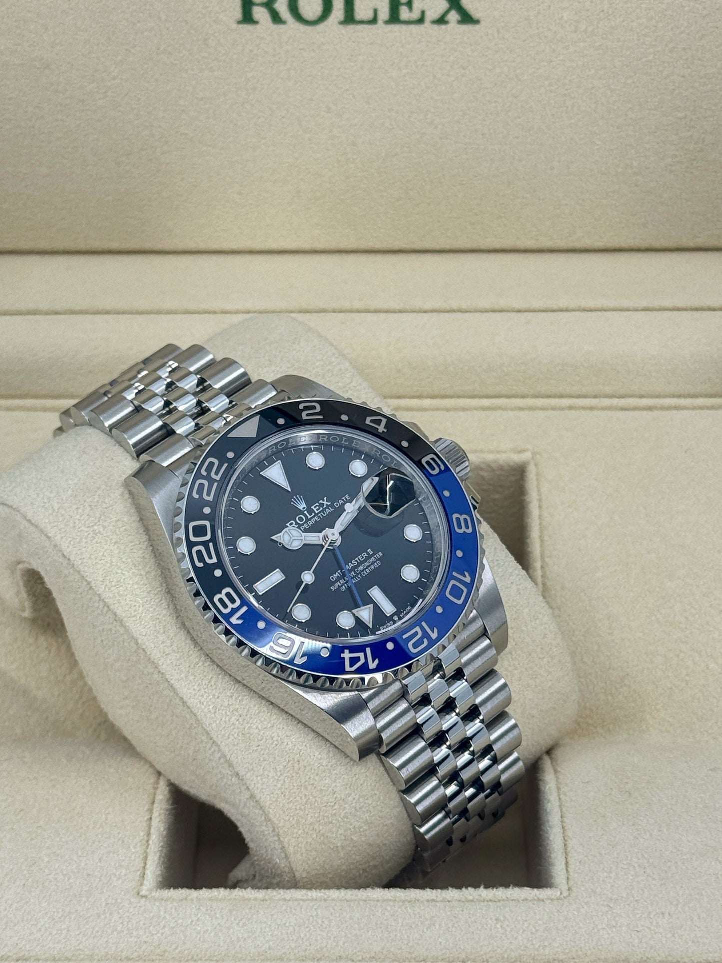 Pre-owned Rolex GMT-Master II 40mm, Stainless Steel, Batman, Jubilee, Ref# 126710BLNR-0002, dated 2023