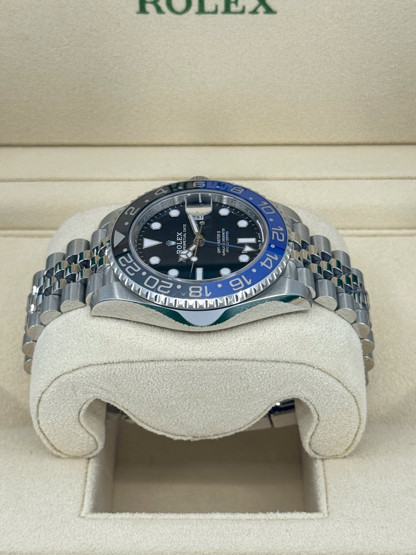 Pre-owned Rolex GMT-Master II 40mm, Stainless Steel, Batman, Jubilee, Ref# 126710BLNR-0002, dated 2023