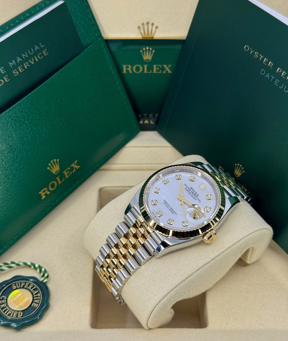 Rolex Datejust 36mm, 18k YG & Stainless Steel, Mother of Pearl Diamond, Jubilee, Ref# 126233-0023, dated 2026