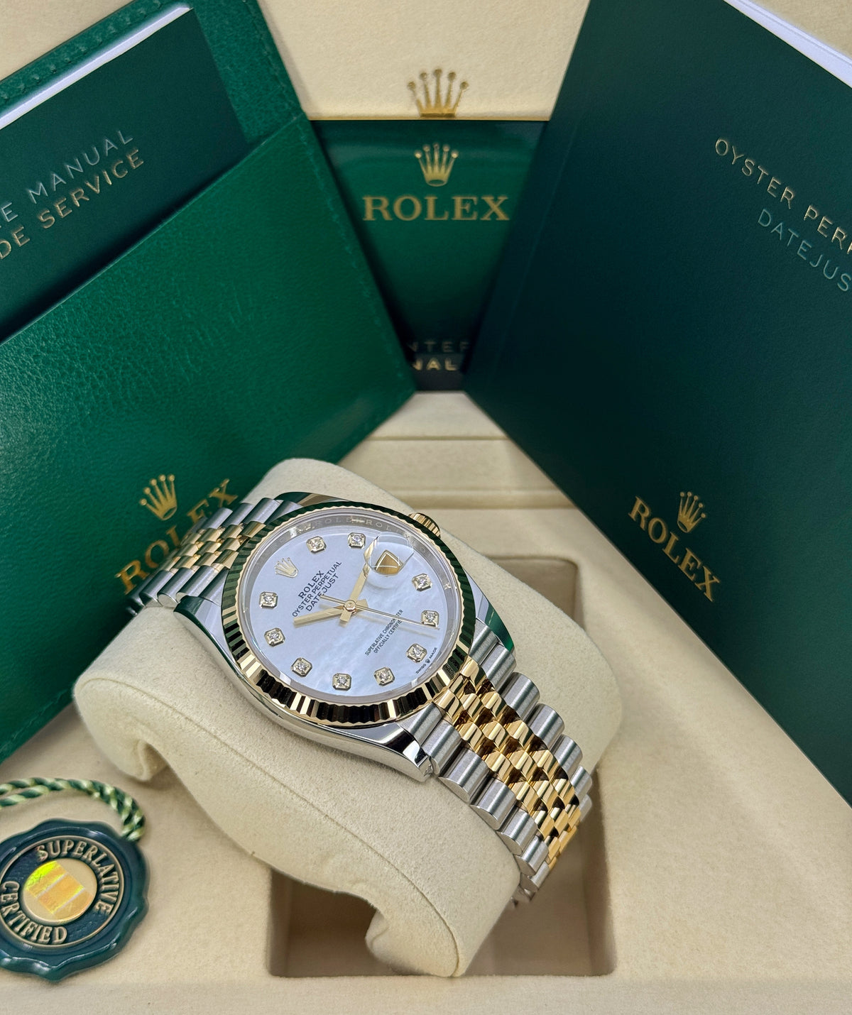 Rolex Datejust 36mm, 18k YG & Stainless Steel, Mother of Pearl Diamond, Jubilee, Ref# 126233-0023, dated 2026