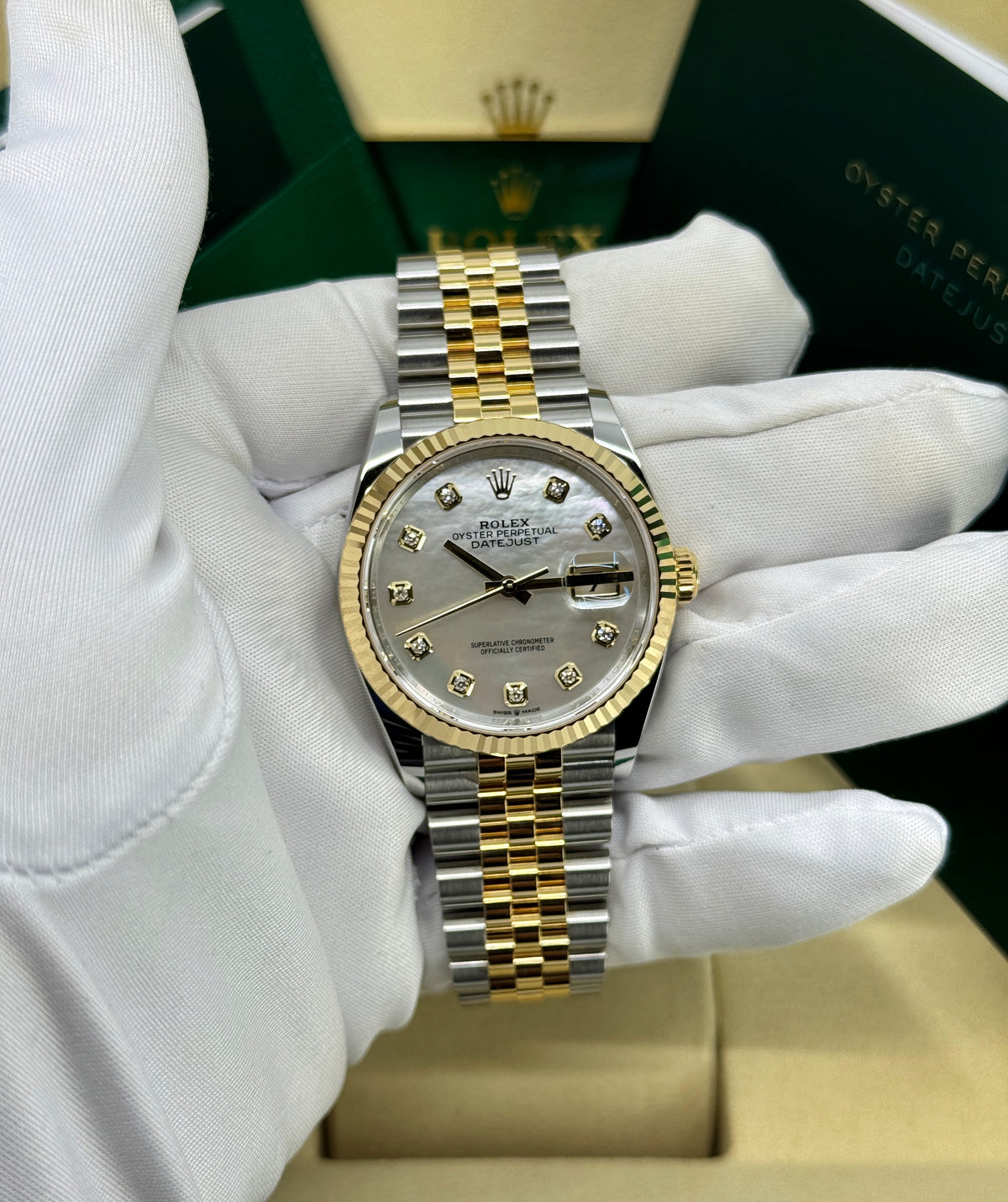 Rolex Datejust 36mm, 18k YG & Stainless Steel, Mother of Pearl Diamond, Jubilee, Ref# 126233-0023, dated 2026